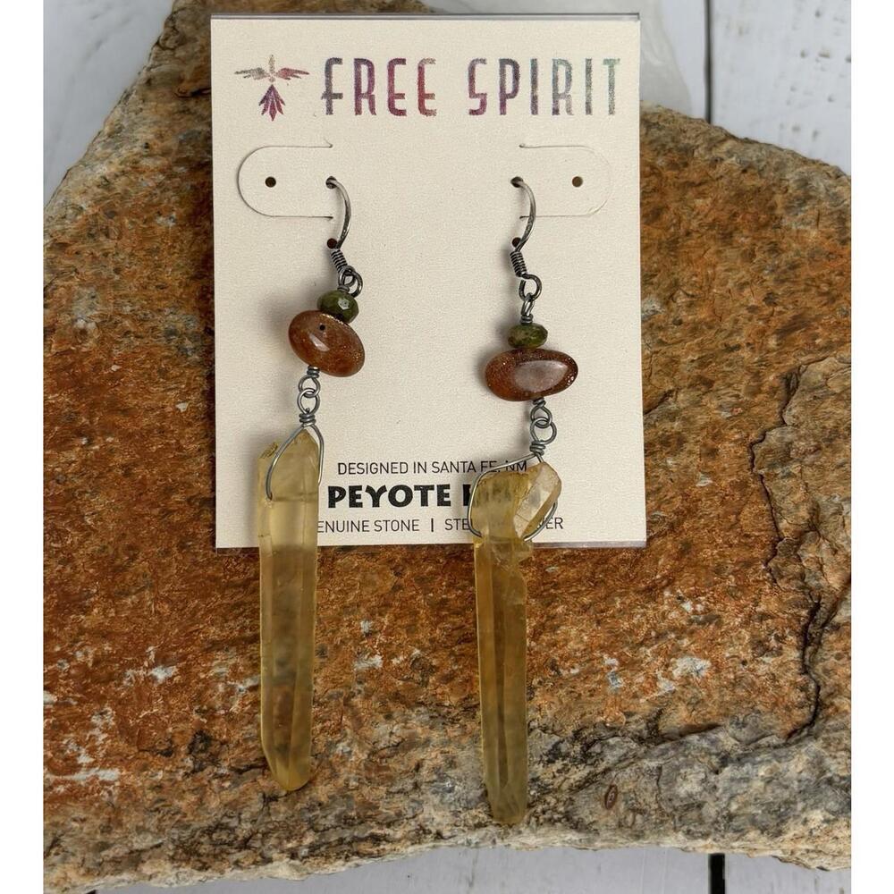Peyote Bird Free Spirit Citrine Quartz‎ Point Sterling Silver Drop Earrings J025